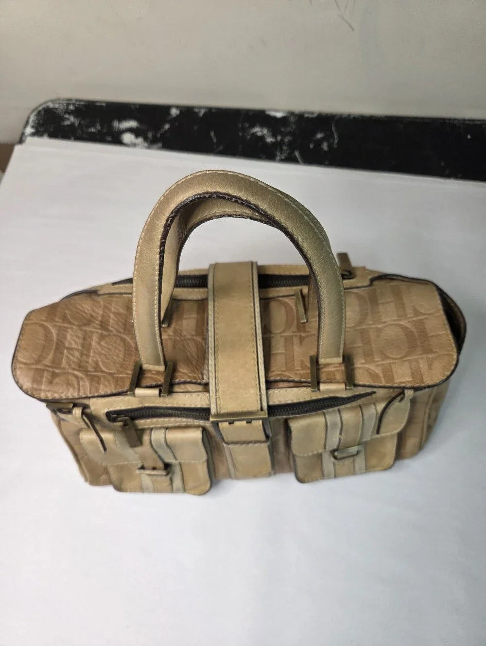 Carolina Herrera Beige Croc-Embossed Leather Satchel with Front Pockets